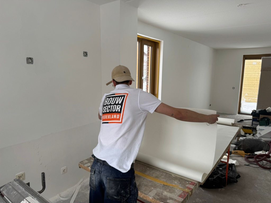 Vakman van Bouwsector Nederland met pet houdt een baan renovlies op bij de plaktafel